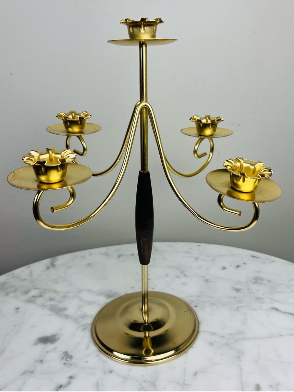 Vintage MCM Mid-Century Modern Brass & Wood Five-Arm Candelabra
